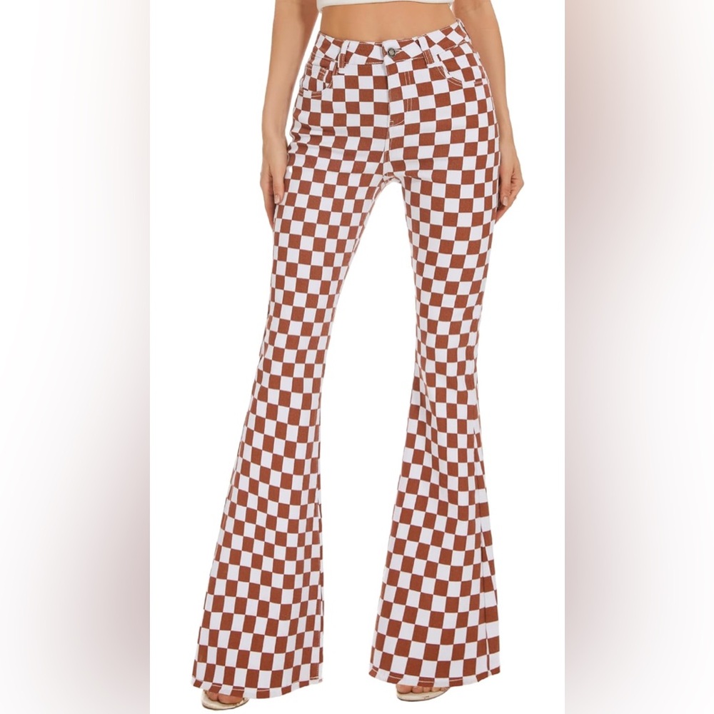 High Waist Brown and White Checkered Flare Denim Jeans
